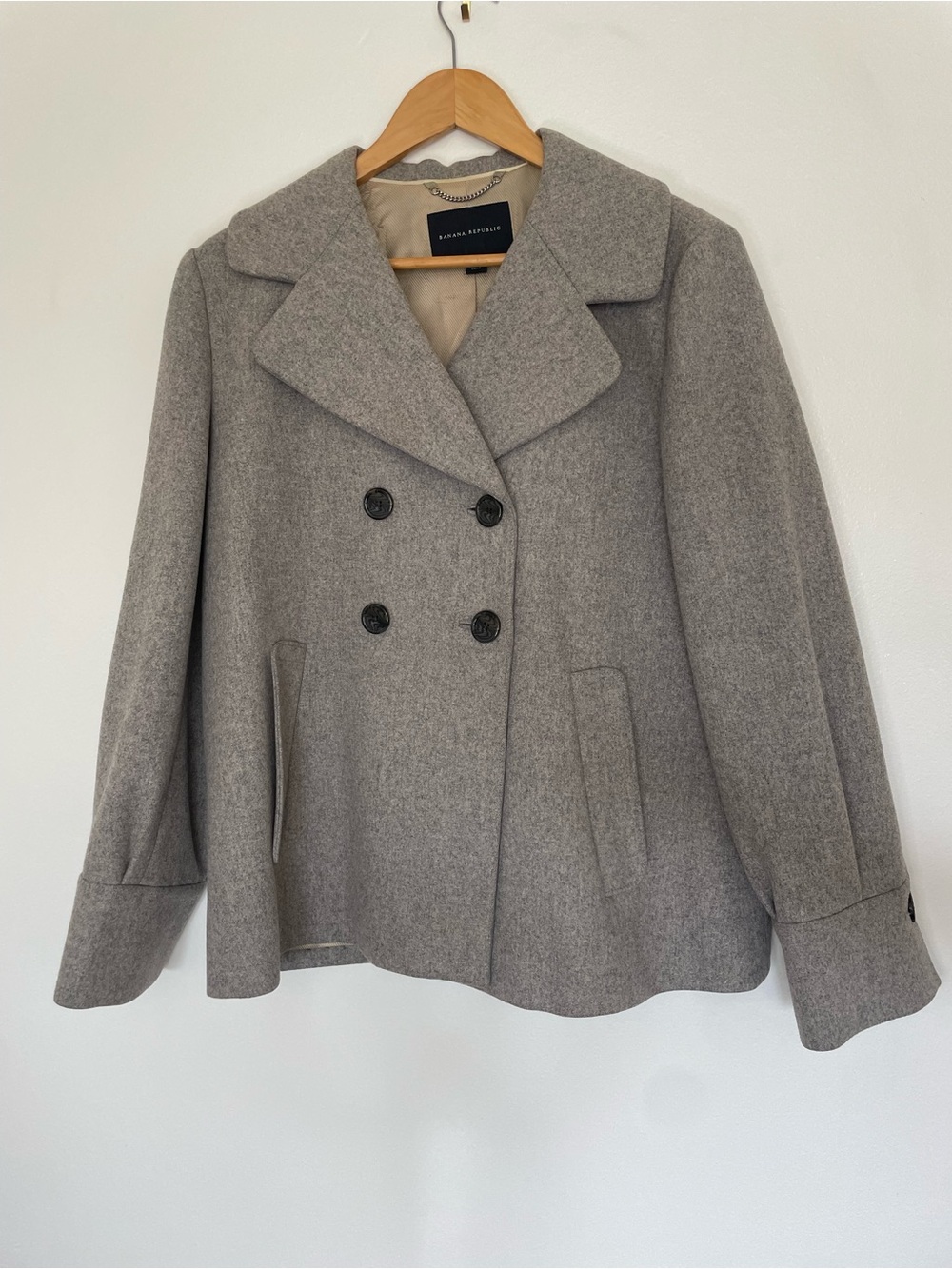 Banana Republic Old Money Light Gray Double-Breasted Wool Pea Coat Size Large